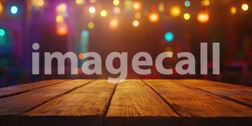 Nightlife Glow: A Wooden Tabletop Under Festive Lights