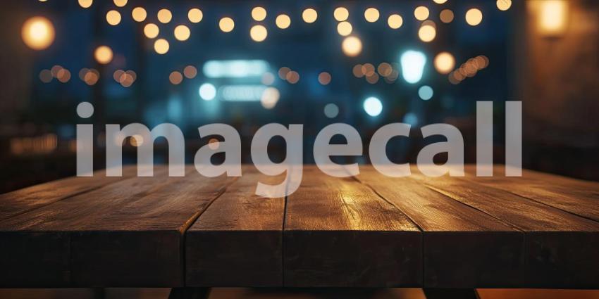 Nightlife Glow: A Wooden Tabletop Under Festive Lights