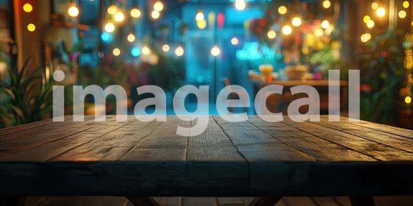 Nightlife Glow: A Wooden Tabletop Under Festive Lights