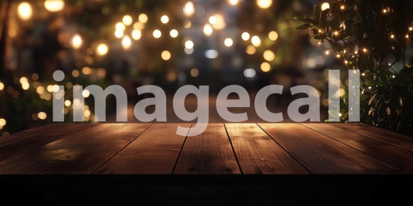 Nightlife Glow: A Wooden Tabletop Under Festive Lights