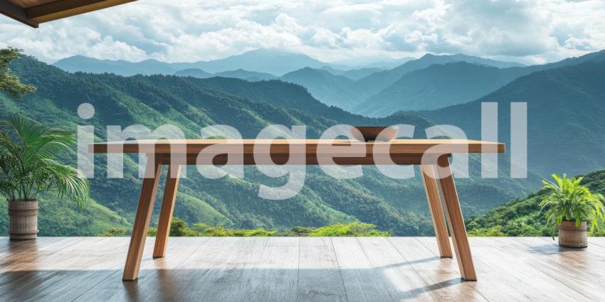 Mountainside Serenity: A Wooden Table with a View