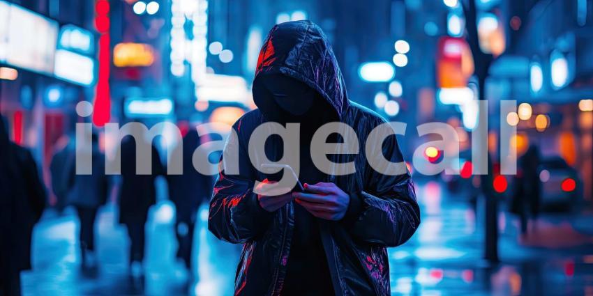 Mysterious City Dweller: Masked Individual in Vibrant Nightscape