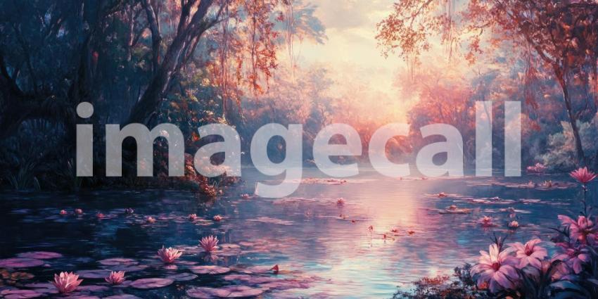 A Serene Twilight: Water Lilies Bloom in a Misty River at Sunset