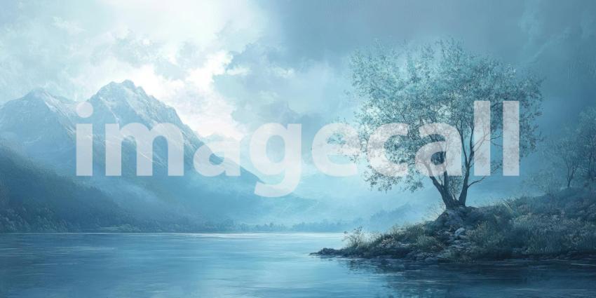 A Serene Twilight: Water Lilies Bloom in a Misty River at Sunset