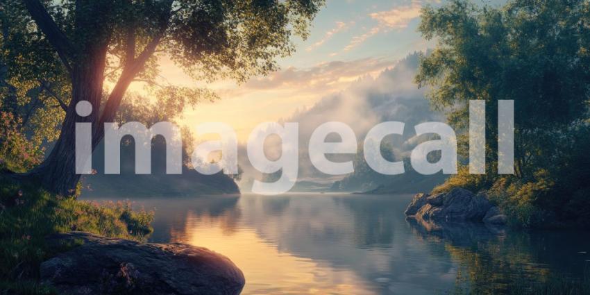 A Serene Twilight: Water Lilies Bloom in a Misty River at Sunset