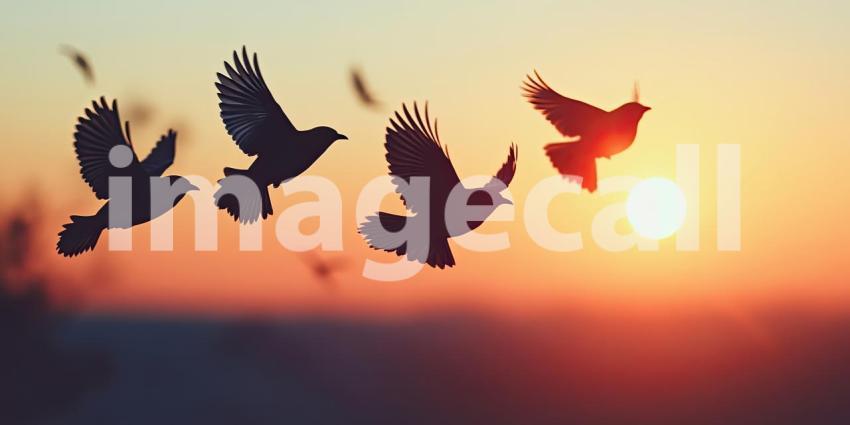 Flight of the Flock: Birds Silhouetted Against a Vibrant Sunset