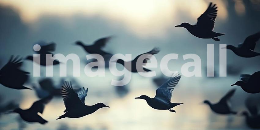 Flight of the Flock: Birds Silhouetted Against a Vibrant Sunset
