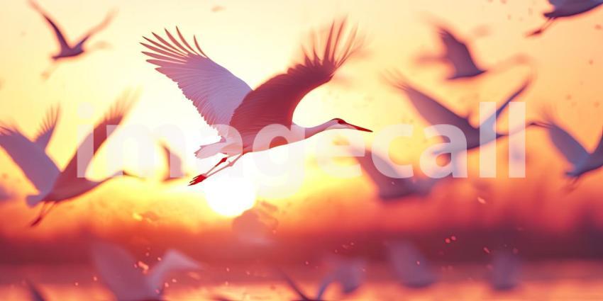 Flight of the Flock: Birds Silhouetted Against a Vibrant Sunset