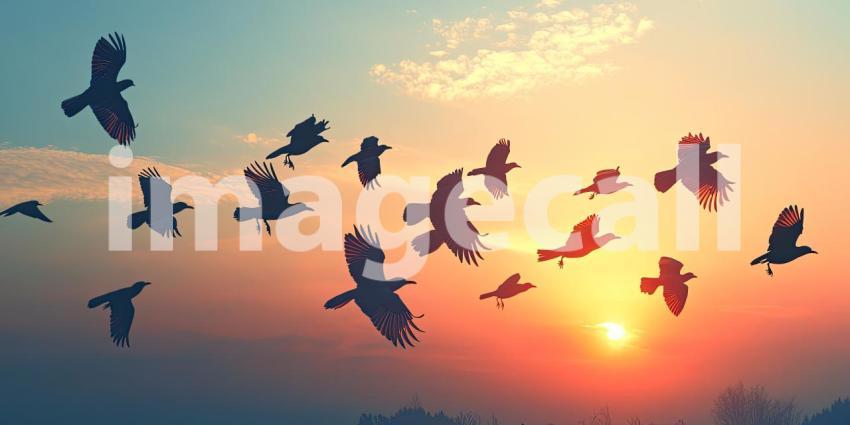 Flight of the Flock: Birds Silhouetted Against a Vibrant Sunset