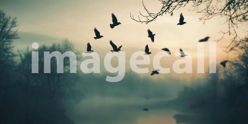 Flight of the Flock: Birds Silhouetted Against a Vibrant Sunset