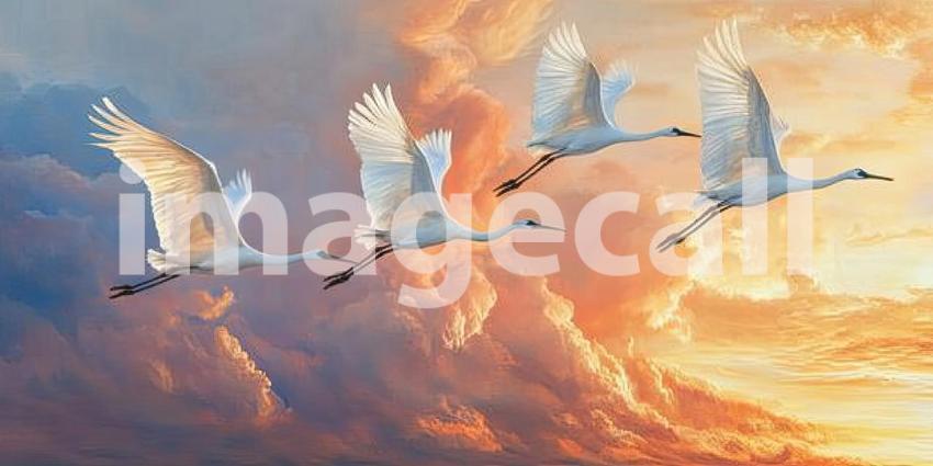 Flight of the Flock: Birds Silhouetted Against a Vibrant Sunset