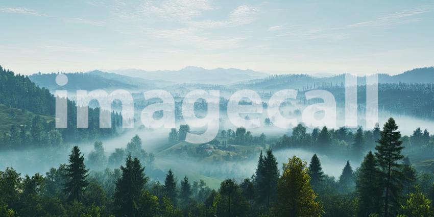 A Tapestry of Twilight: A Mountainous Landscape Bathed in the Golden Light of Sunset, Mist Shrouding the Valleys Below