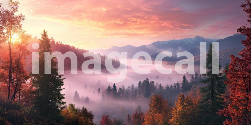 A Tapestry of Twilight: A Mountainous Landscape Bathed in the Golden Light of Sunset, Mist Shrouding the Valleys Below