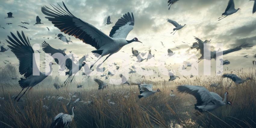 Flight of the Flock: Birds Silhouetted Against a Vibrant Sunset