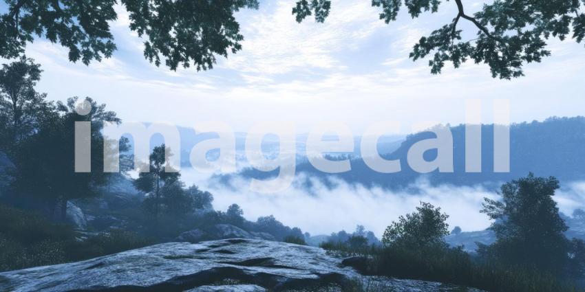 A Tapestry of Twilight: A Mountainous Landscape Bathed in the Golden Light of Sunset, Mist Shrouding the Valleys Below