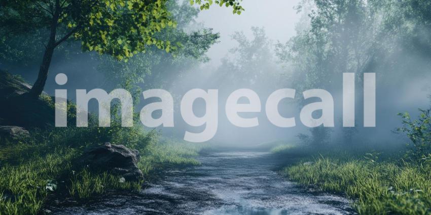 A Misty Morning: A Serene Stream Winds Through a Fog-Shrouded Forest