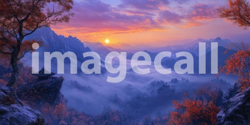 A Tapestry of Twilight: A Mountainous Landscape Bathed in the Golden Light of Sunset, Mist Shrouding the Valleys Below