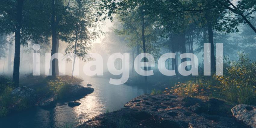 A Misty Morning: A Serene Stream Winds Through a Fog-Shrouded Forest