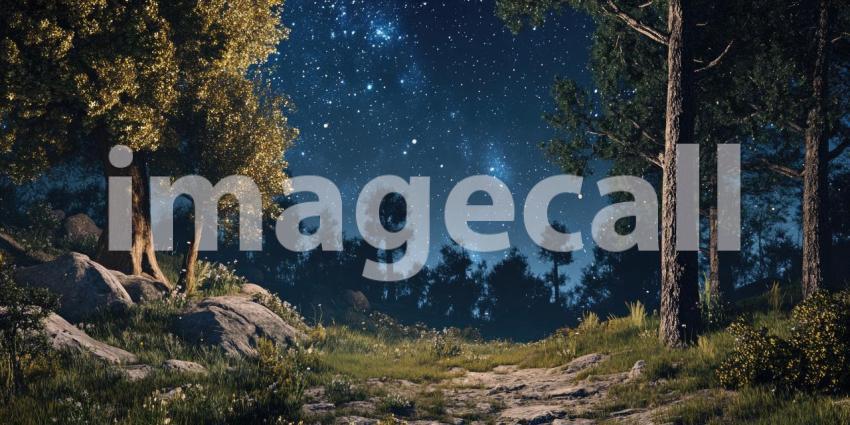 Starlit Forest: A Nighttime Scene Under a Blanket of Stars