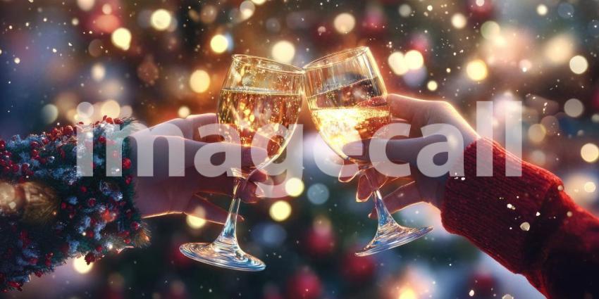 Festive Toast: Clinking Wine Glasses with Sparkling Beverage and Holiday Lights