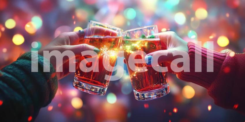 Festive Toast: Clinking Wine Glasses with Sparkling Beverage and Holiday Lights