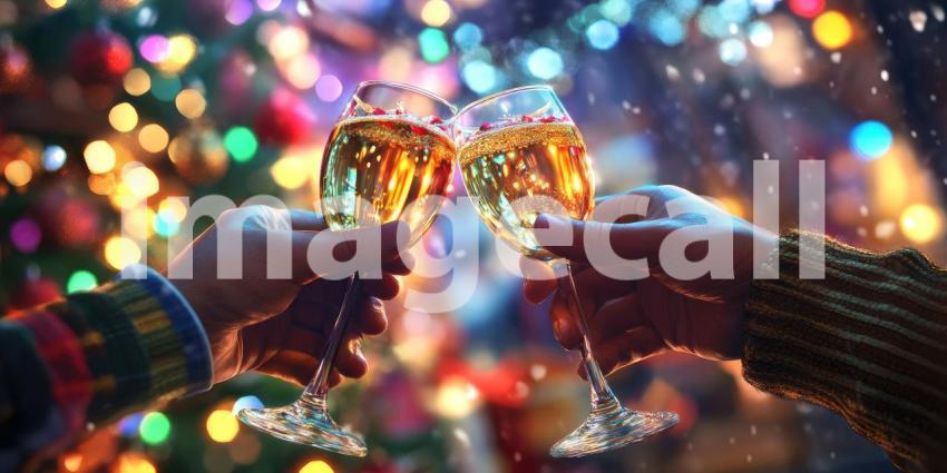 Festive Toast: Clinking Wine Glasses with Sparkling Beverage and Holiday Lights