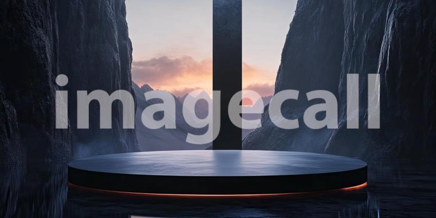 A Portal to the Sublime: A Circular Platform Framed by Majestic Peaks and a Dramatic Sunset