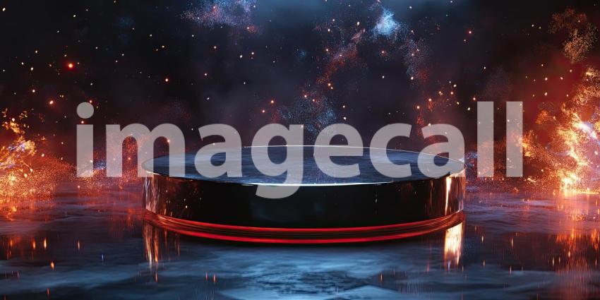 A Portal to the Sublime: A Circular Platform Framed by Majestic Peaks and a Dramatic Sunset