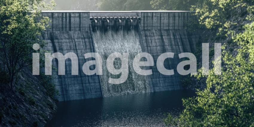 Concrete Dam with Water Flowing Through Gates, Surrounded by Autumnal Foliage for Industrial, Engineering, and Natural Resources Concepts