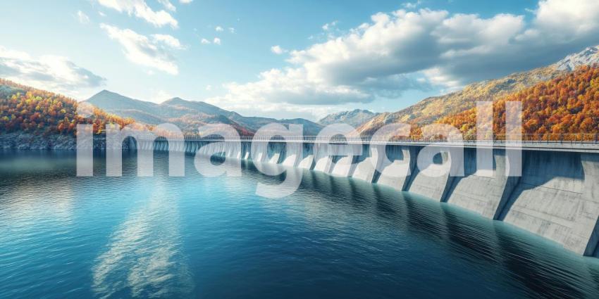 Concrete Dam with Water Flowing Through Gates, Surrounded by Autumnal Foliage for Industrial, Engineering, and Natural Resources Concepts
