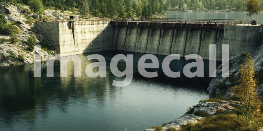 Concrete Dam with Water Flowing Through Gates, Surrounded by Autumnal Foliage for Industrial, Engineering, and Natural Resources Concepts