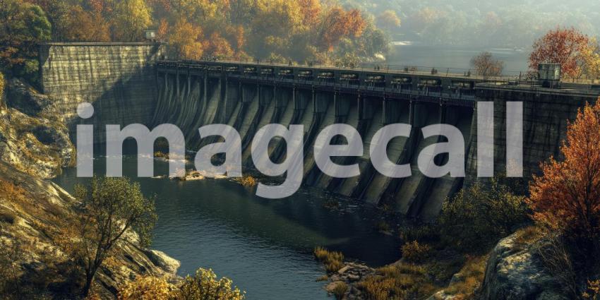 Concrete Dam with Water Flowing Through Gates, Surrounded by Autumnal Foliage for Industrial, Engineering, and Natural Resources Concepts