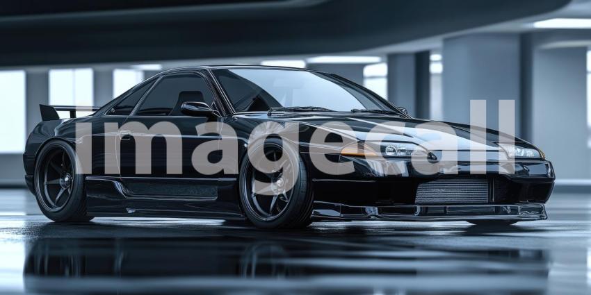Sleek Black Sports Car Gleaming in the Rain at Night in a Modern Cityscape for Luxury, Automotive, and Urban Lifestyle Concepts