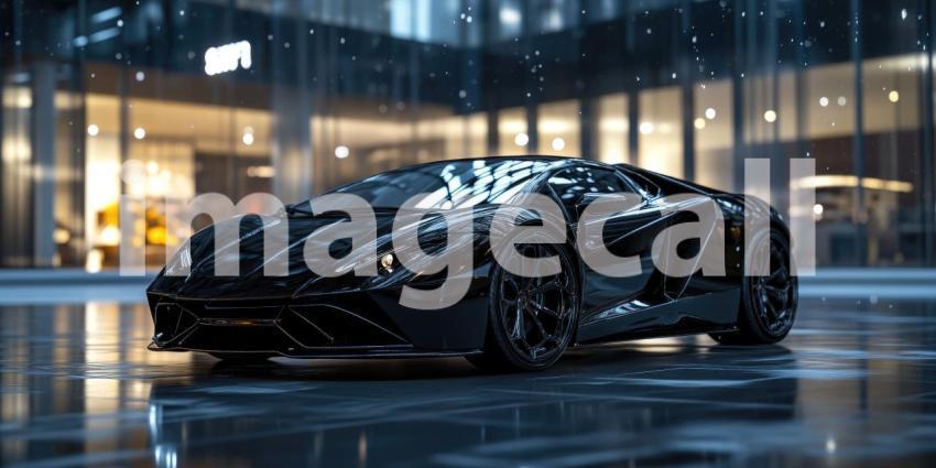 Sleek Black Sports Car Gleaming in the Rain at Night in a Modern Cityscape for Luxury, Automotive, and Urban Lifestyle Concepts