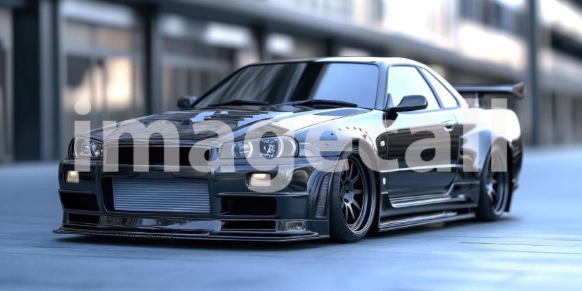 Sleek Black Sports Car Gleaming in the Rain at Night in a Modern Cityscape for Luxury, Automotive, and Urban Lifestyle Concepts