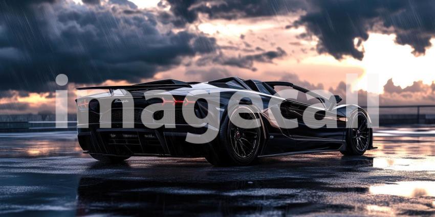 Sleek Black Sports Car Gleaming in the Rain at Night in a Modern Cityscape for Luxury, Automotive, and Urban Lifestyle Concepts