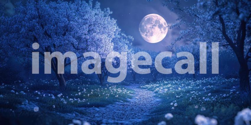 Enchanted Moonlight Scene with a Full Moon Shining Over a Field of Blossoming Trees and a Path Winding Through a Sea of Dandelions