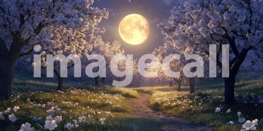 Enchanted Moonlight Scene with a Full Moon Shining Over a Field of Blossoming Trees and a Path Winding Through a Sea of Dandelions