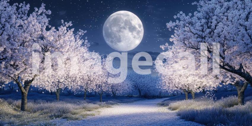 Enchanted Moonlight Scene with a Full Moon Shining Over a Field of Blossoming Trees and a Path Winding Through a Sea of Dandelions