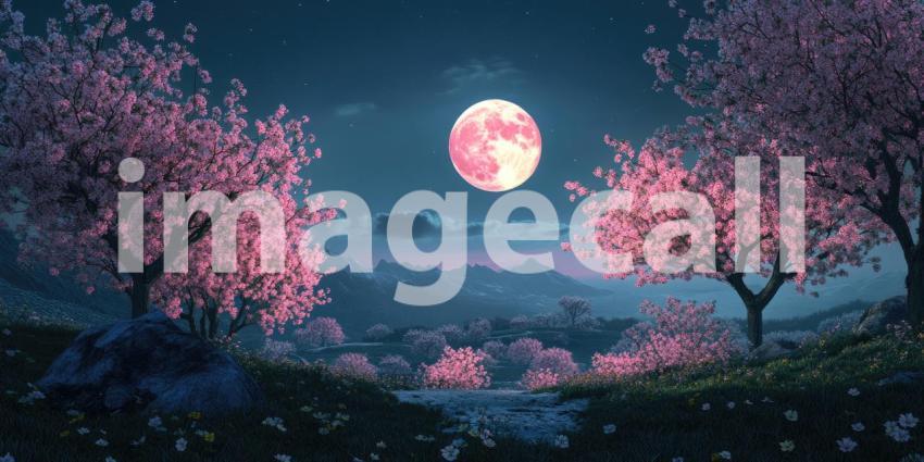 Enchanted Moonlight Scene with a Full Moon Shining Over a Field of Blossoming Trees and a Path Winding Through a Sea of Dandelions
