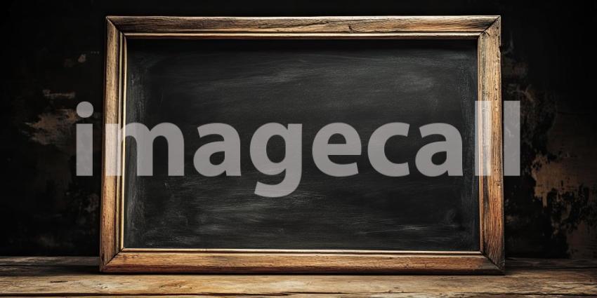 Vintage Wooden Framed Chalkboard on a Rustic Tabletop Against a Dark Background for Education, Nostalgia, and Rustic Design Concepts