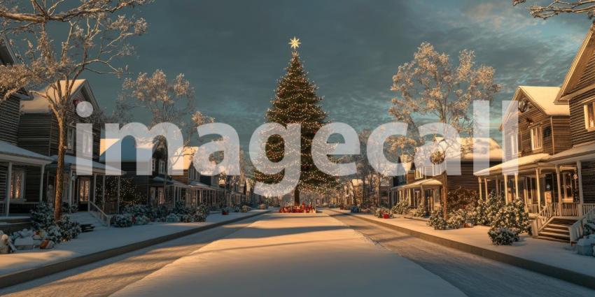Magical Christmas Eve Scene with a Snow-Covered Street, Cozy Houses, and a Majestic Christmas Tree Illuminated with Warm Lights