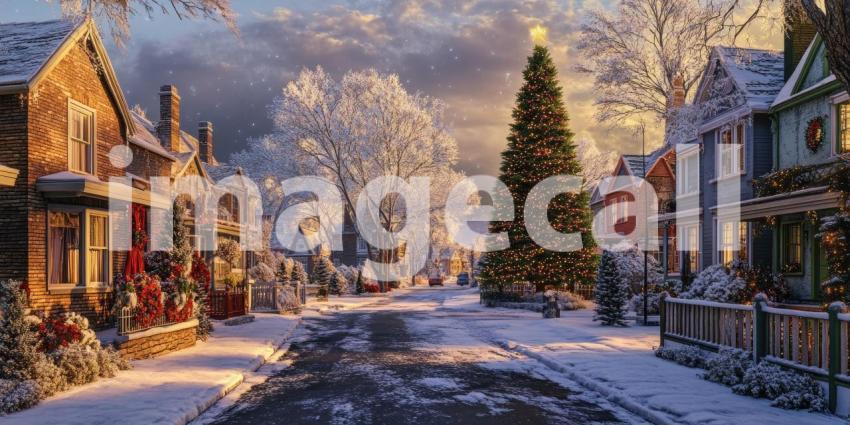 Magical Christmas Eve Scene with a Snow-Covered Street, Cozy Houses, and a Majestic Christmas Tree Illuminated with Warm Lights