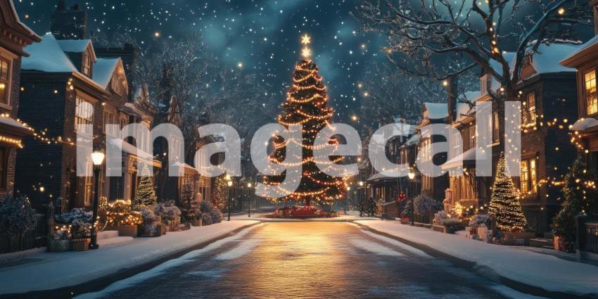 Magical Christmas Eve Scene with a Snow-Covered Street, Cozy Houses, and a Majestic Christmas Tree Illuminated with Warm Lights