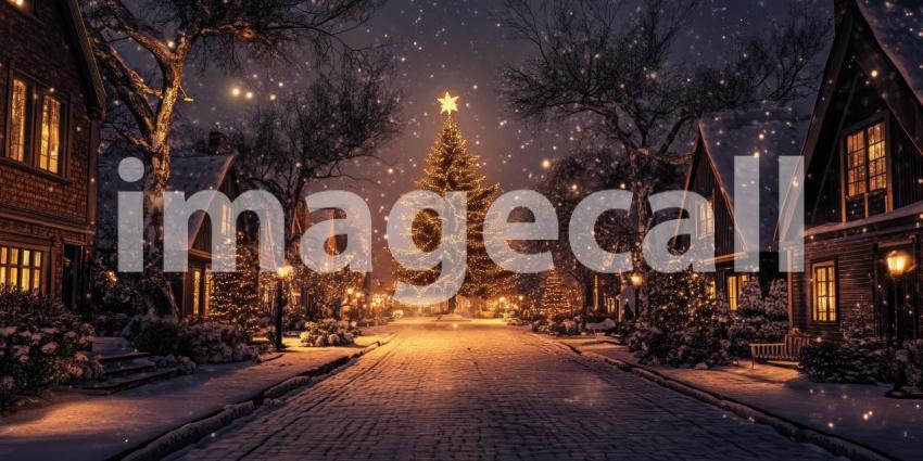 Magical Christmas Eve Scene with a Snow-Covered Street, Cozy Houses, and a Majestic Christmas Tree Illuminated with Warm Lights