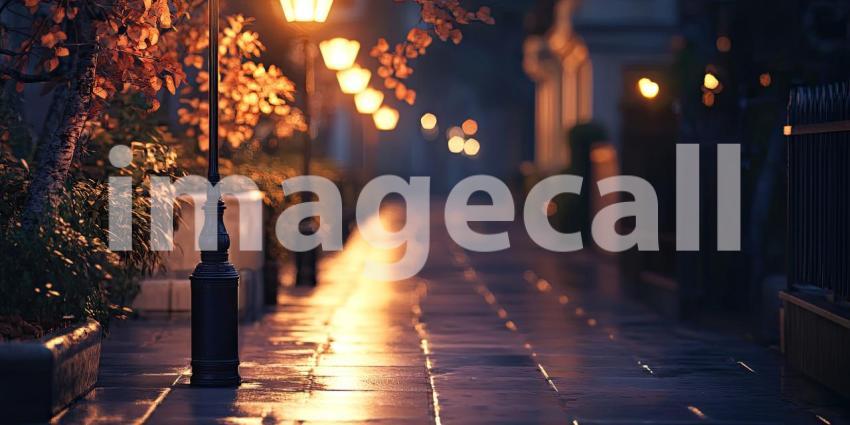 Serene City Street at Sunrise with Warm Sunlight Filtering Through Trees, Casting Long Shadows on the Sidewalk