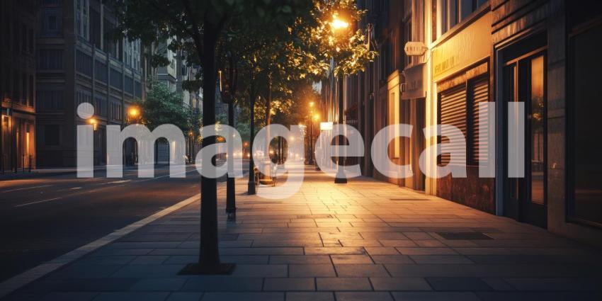 Serene City Street at Sunrise with Warm Sunlight Filtering Through Trees, Casting Long Shadows on the Sidewalk
