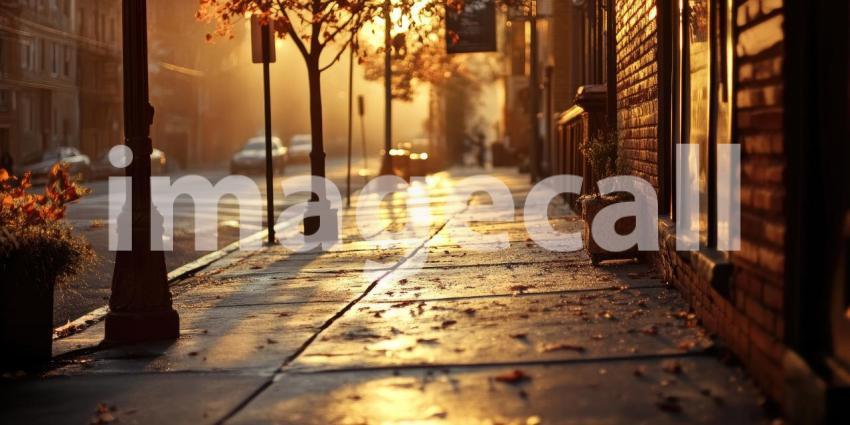 Serene City Street at Sunrise with Warm Sunlight Filtering Through Trees, Casting Long Shadows on the Sidewalk