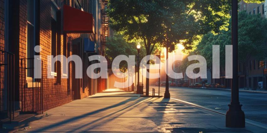 Serene City Street at Sunrise with Warm Sunlight Filtering Through Trees, Casting Long Shadows on the Sidewalk