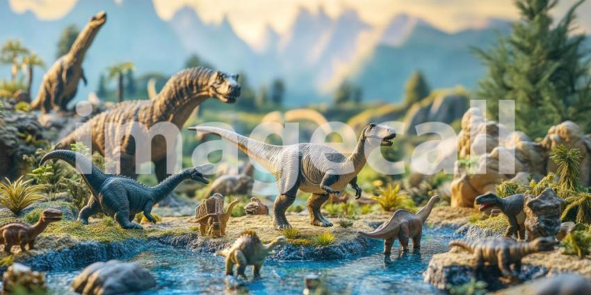 Prehistoric Playtime: A Diverse Collection of Colorful Dinosaur Toys Roaming a Miniature Jurassic Landscape